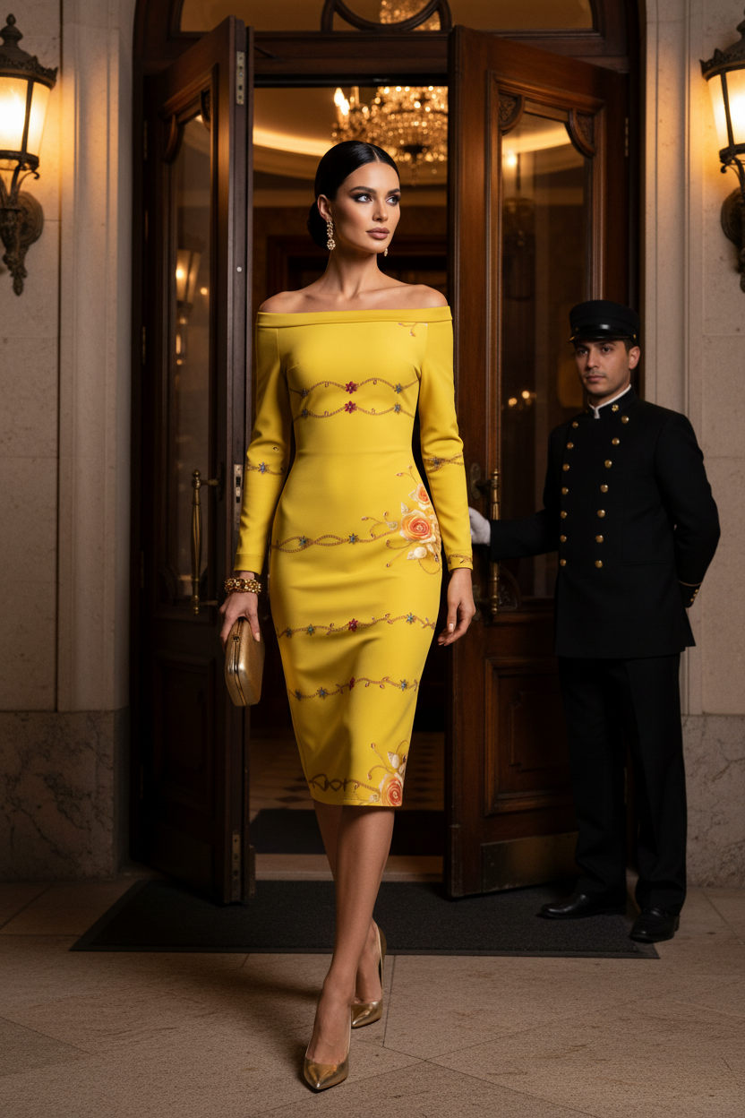 Yellow Rose Gold Baroque Off Shoulder bodycon dress Elegant Evening Outfit